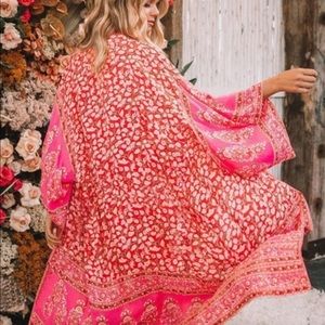 NEW Red/White/fuchsia women’s long Boho kimono L